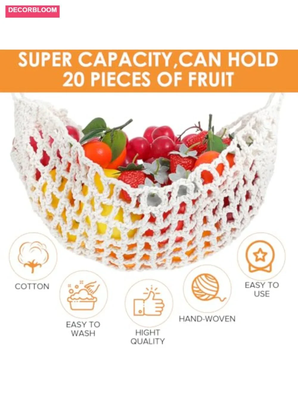 Large Macrame Fruit Hammock Hanging Basket 4 Pack Kitchen Food Storage